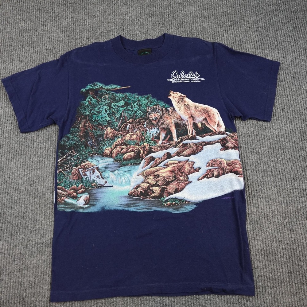 Vintage Habitat Shirt Mens Medium Blue Wolves AOP Cabela's Wildlife Nature Tee
